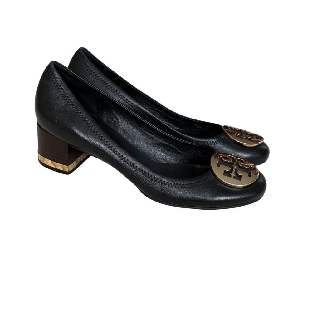 Tory Burch Black Leather Block Heel Pumps Gold Logo Medallion Size 7.5 M